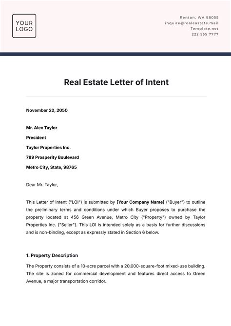 Letter Of Intent Template Real Estate