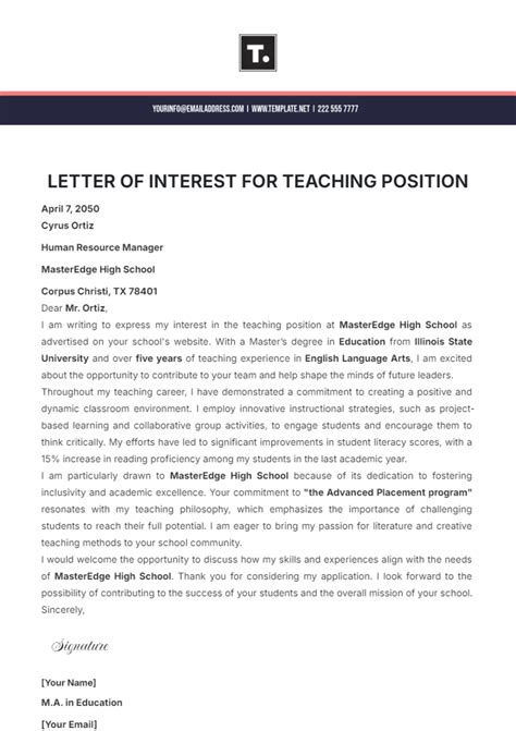 Letter Of Interest For Teaching Position