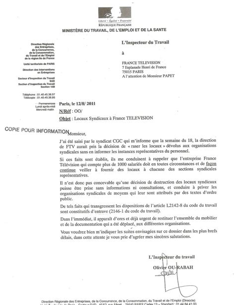 Lettre à l'inspection du travail Pratique.fr