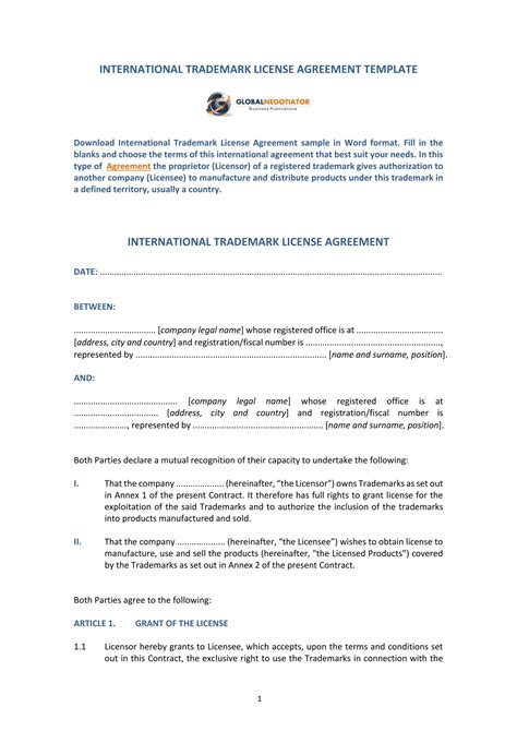 Free Trademark License Agreement Template Printable Templates