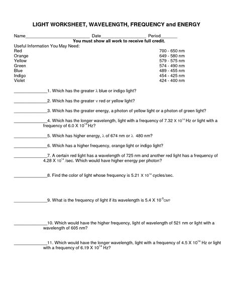 Light Worksheet Wavelength Frequency And Energy