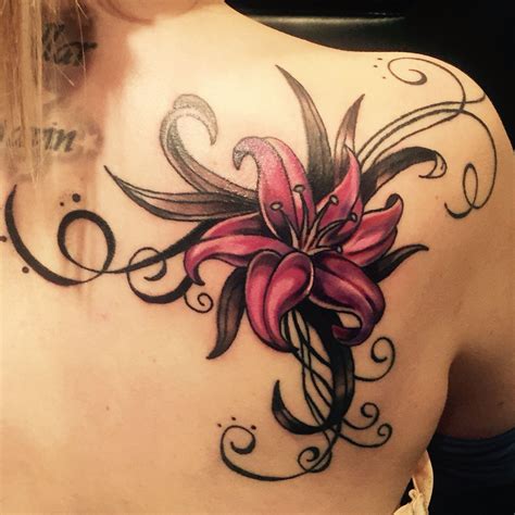 Upper shoulder tatt Lily flower tattoos, Lily tattoo