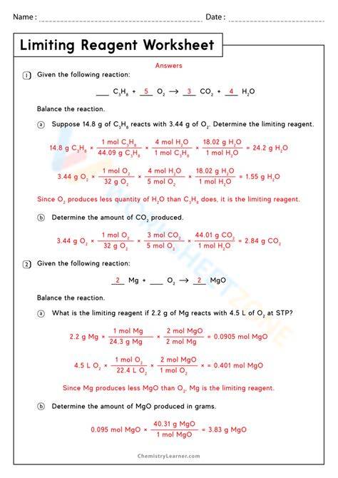 Limiting And Excess Reactants Worksheet – Free Printable Practice ...