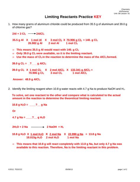 Famous Limiting Reactants Practice Problems Answer Key For Chemistry Students Ideas