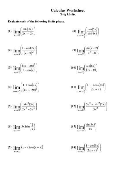 Limits Of Trig Functions Worksheet