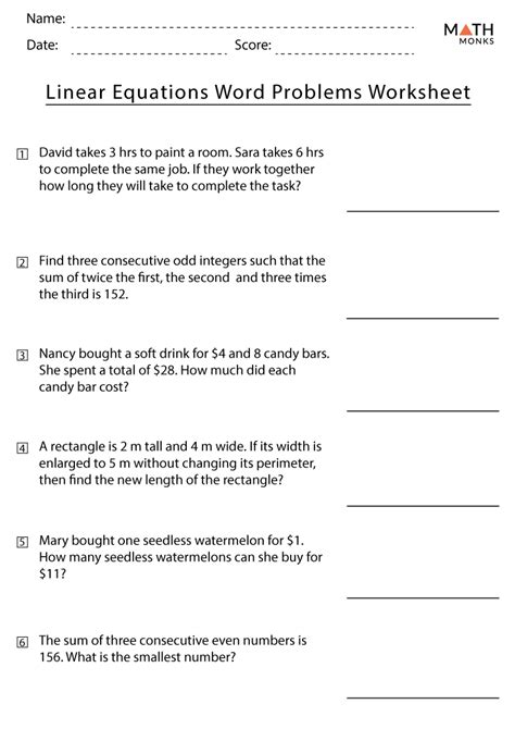 Linear Equation Word Problems Worksheet Word Problems Linear Equations