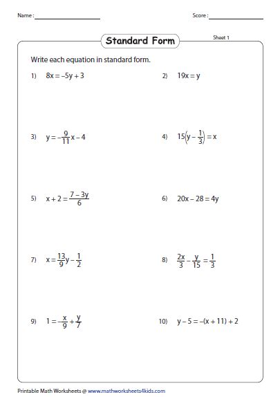 Linear Equations In Standard Form Worksheet