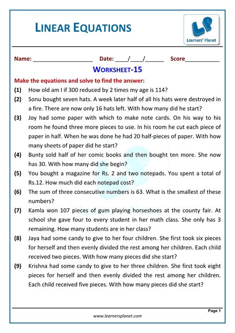 Linear Word Problems Worksheet