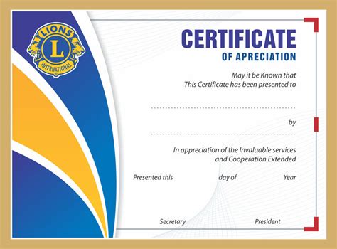 Lions Certificate Of Appreciation Template