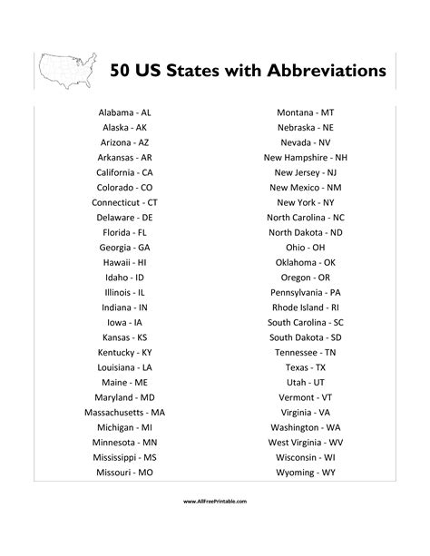 List Of The Fifty States Printable