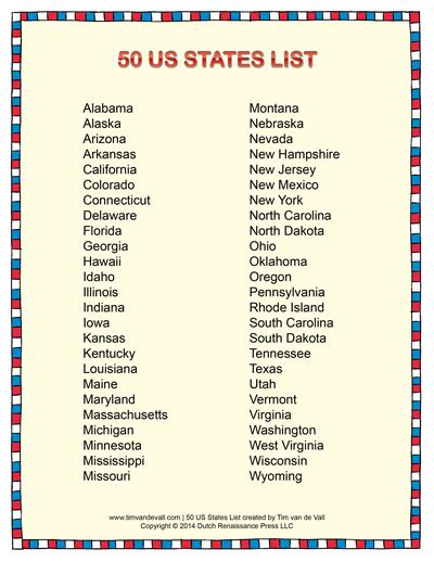 List Of States In Alphabetical Order Printable