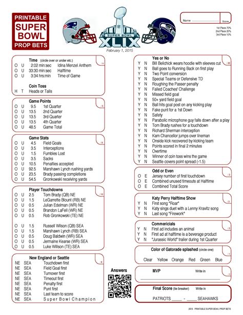 List Of Super Bowl Prop Bets Printable