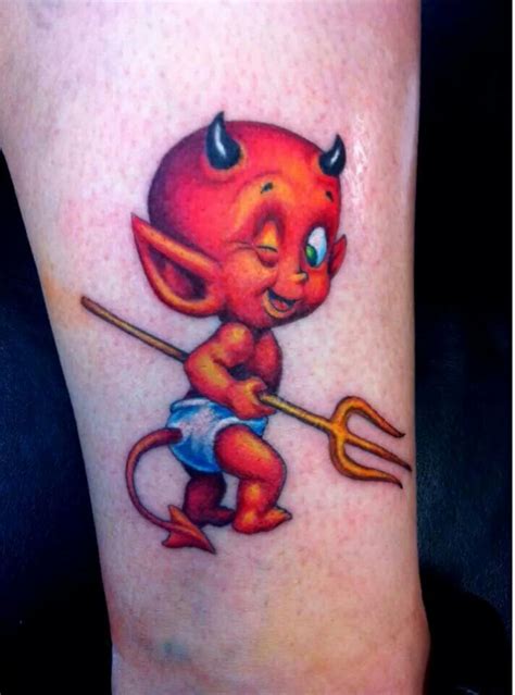 Sad Hot Stuff the little Devil tattoo on the calf.