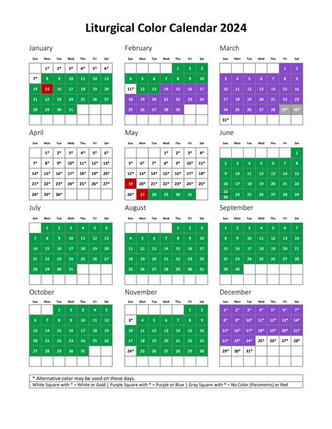 Liturgical Color Calendar 2024