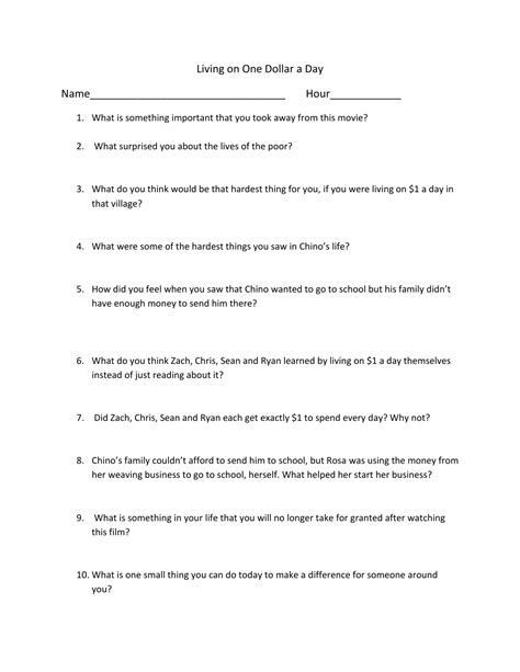 Living On A Dollar A Day Worksheet