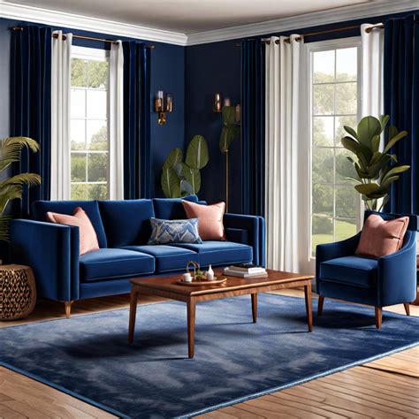 A living room with navy curtains