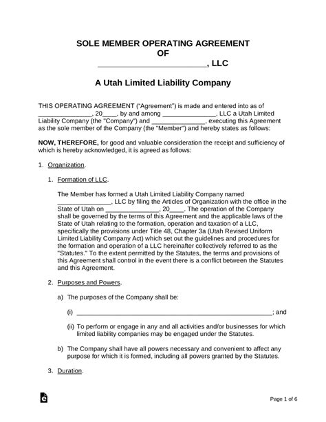 Llc Operating Agreement Utah Template
