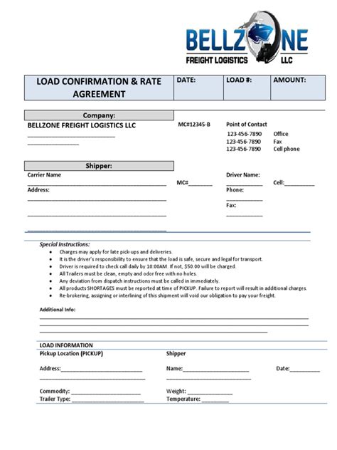 Load Confirmation And Rate Agreement Template