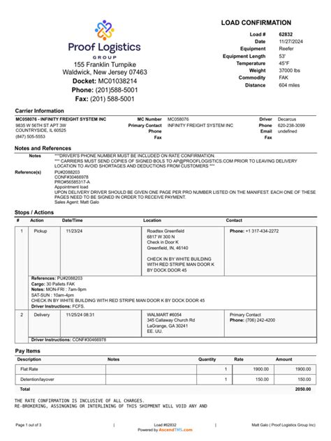 Load confirmation & rate agreement template in Word and Pdf formats