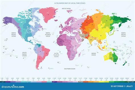 Color Worldwide Map of Local Time Zones Stock Vector Illustration of