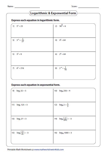 Log To Exponential Form Worksheet
