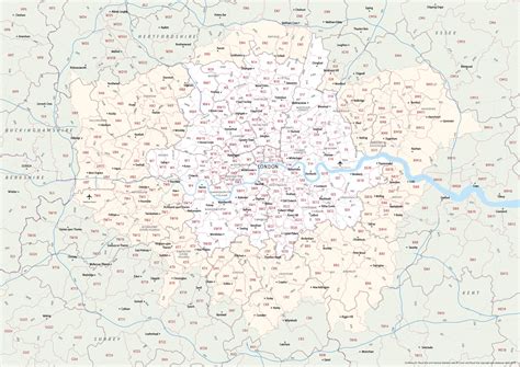 Map of Greater London postcode districts plus boroughs and major roads