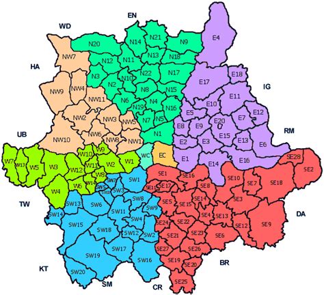 London Post Code Map Map of London Political Regional