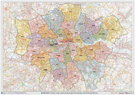 Map of Greater London postcode districts plus boroughs and major roads