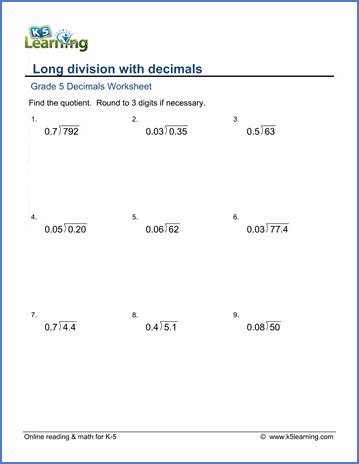Long Division Decimals Worksheet