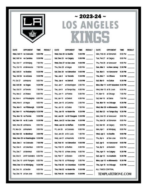 Los Angeles Kings Printable Schedule