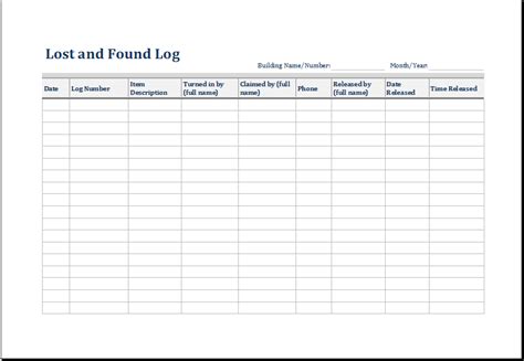 Lost And Found Log Excel Templates