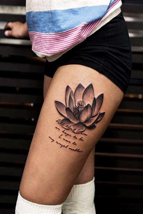 Fresh and lovely mehndi style lotus flower thigh tattoo by