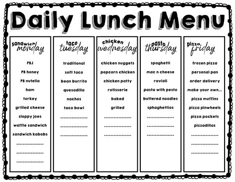 Lunch Menu Printable