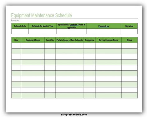 Equipment maintenance schedule