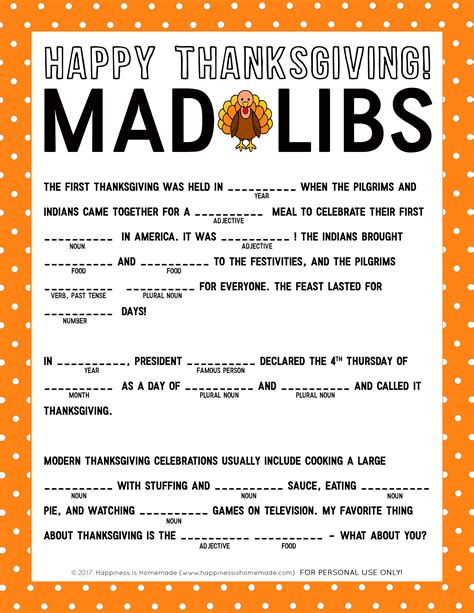 Mad Libs Printable Thanksgiving