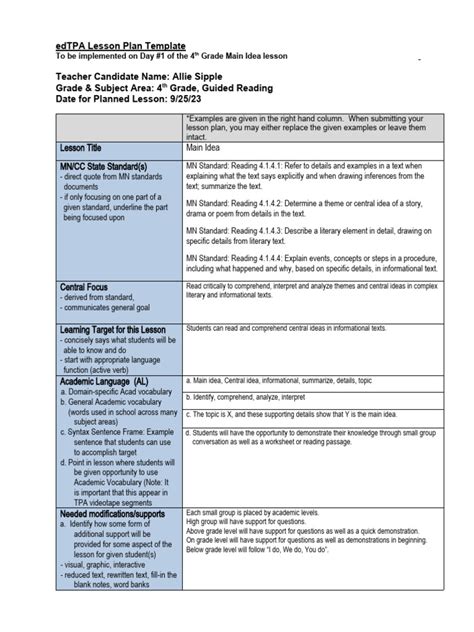 Main Idea Lesson Plan Pdf