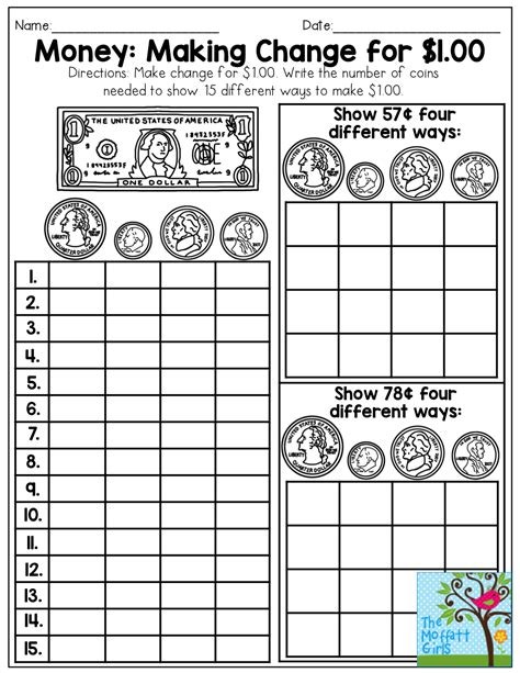 Making Change From A Dollar Worksheets