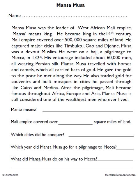 Mansa Musa Worksheet