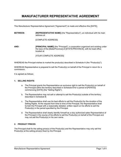 Manufacturers Rep Agreement Template
