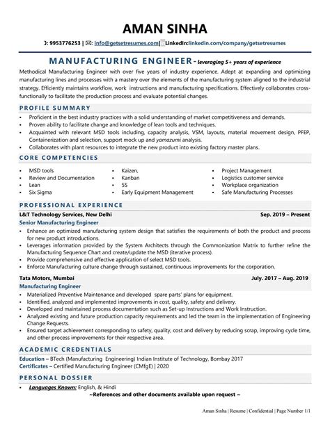 Manufacturing Engineer Resume Sample
