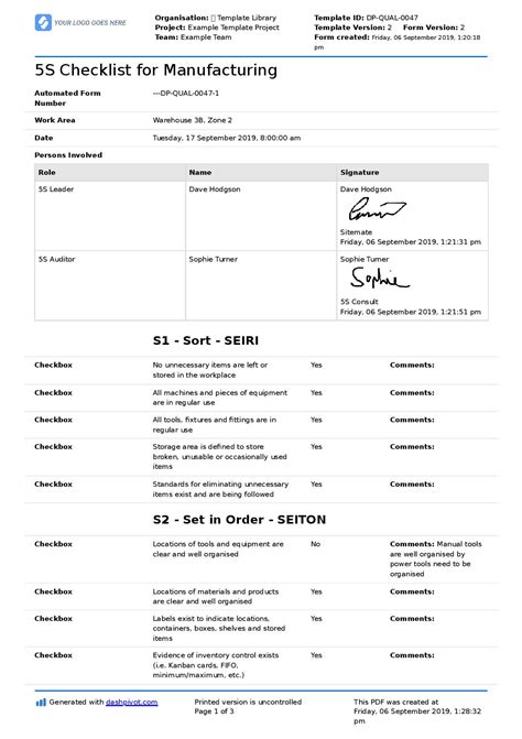Manufacturing Checklist Template