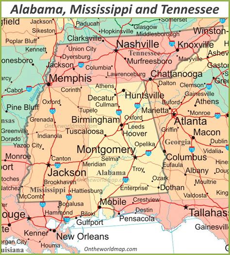 Map of Alabama, Mississippi and Tennessee
