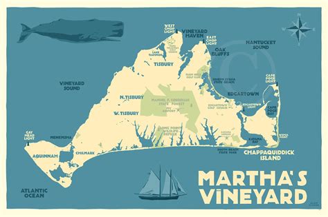 Martha's Vineyard Map Art Print 24" x 36" Travel Poster Massachusett