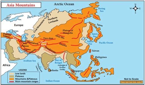 The map of Asia shows the mountain ranges, plateaus and plains of the