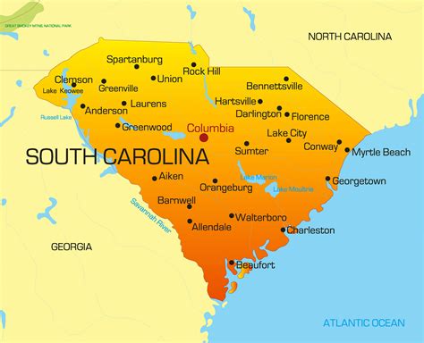 Map of South Carolina showing county with cities,counties,road highways