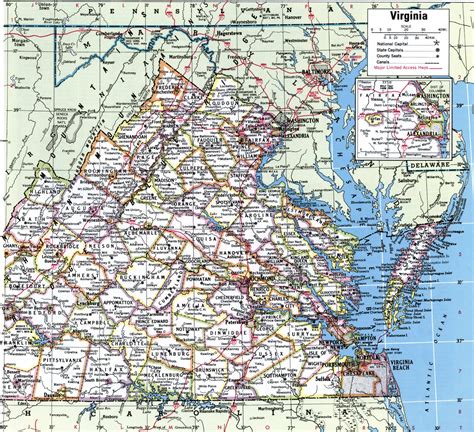 Road map of Virginia with cities