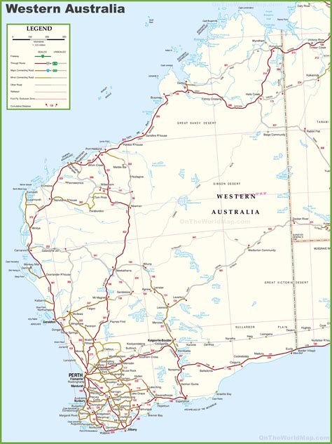 Road map of Western Australia with cities and towns