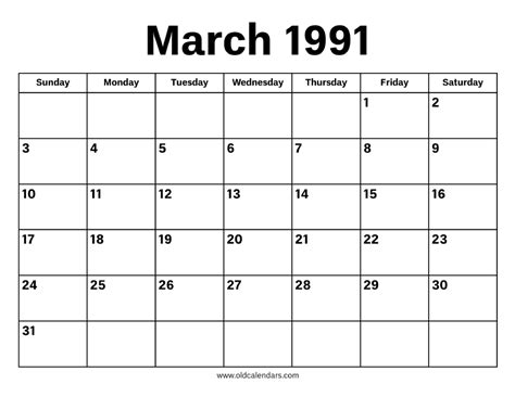 March Calendar 1991