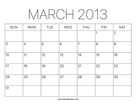 March Calendar For 2013