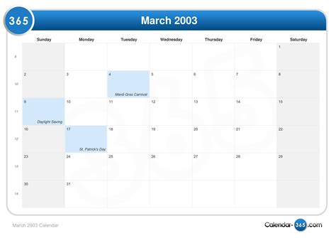 March 20 2003 Calendar